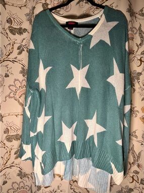 Rock & Roll Star-Print V-Neck Sweater in Teal and White-XXL